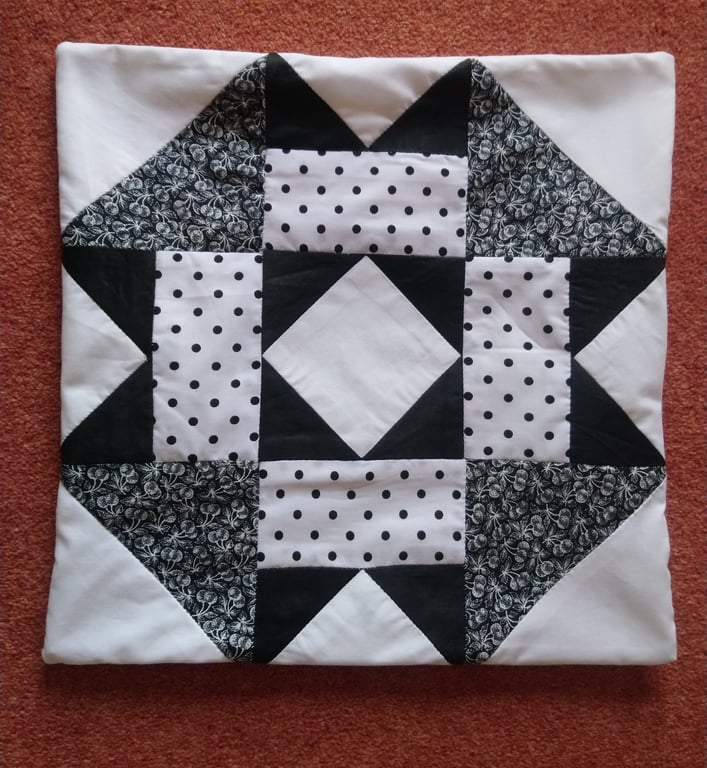 Black & white patchwork cushion cover. 38 x 38 cm. Lined. Wrapover back. 