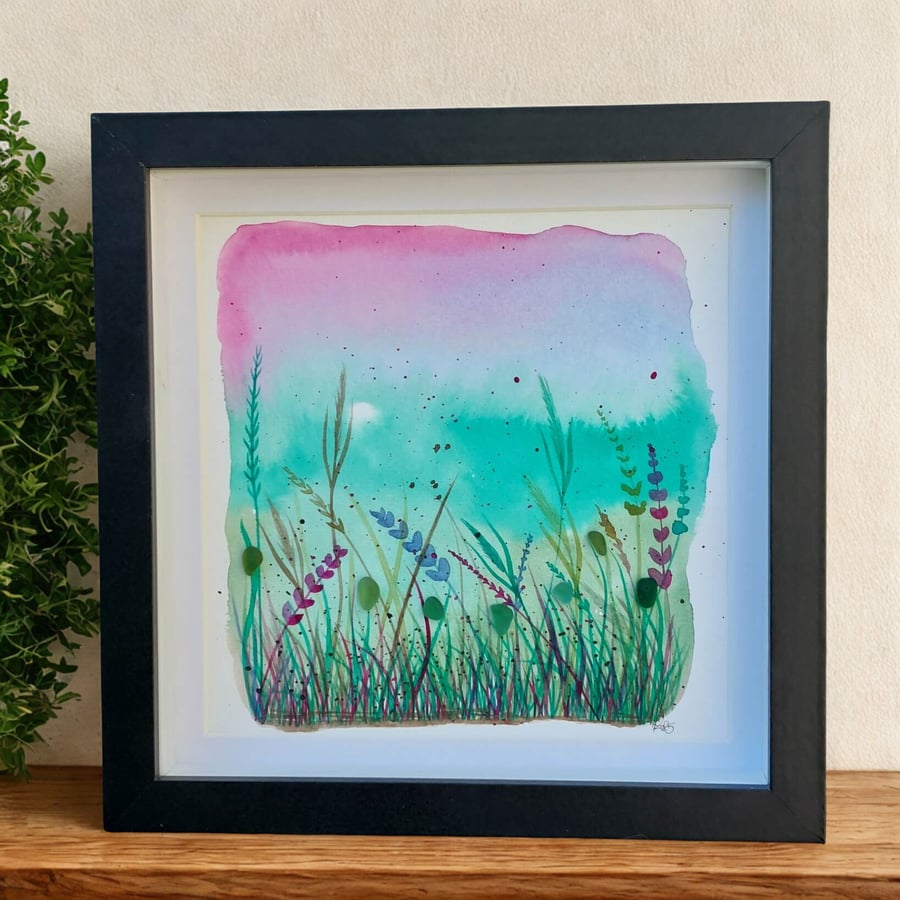 Watercolour Flower Meadow Painting with Sea Glass Embellishments - Home Decor