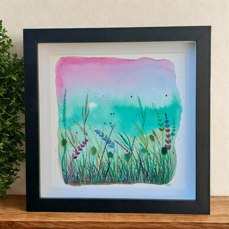 Watercolour Flower Meadow Painting with Sea Glass Embellishments - Home Decor
