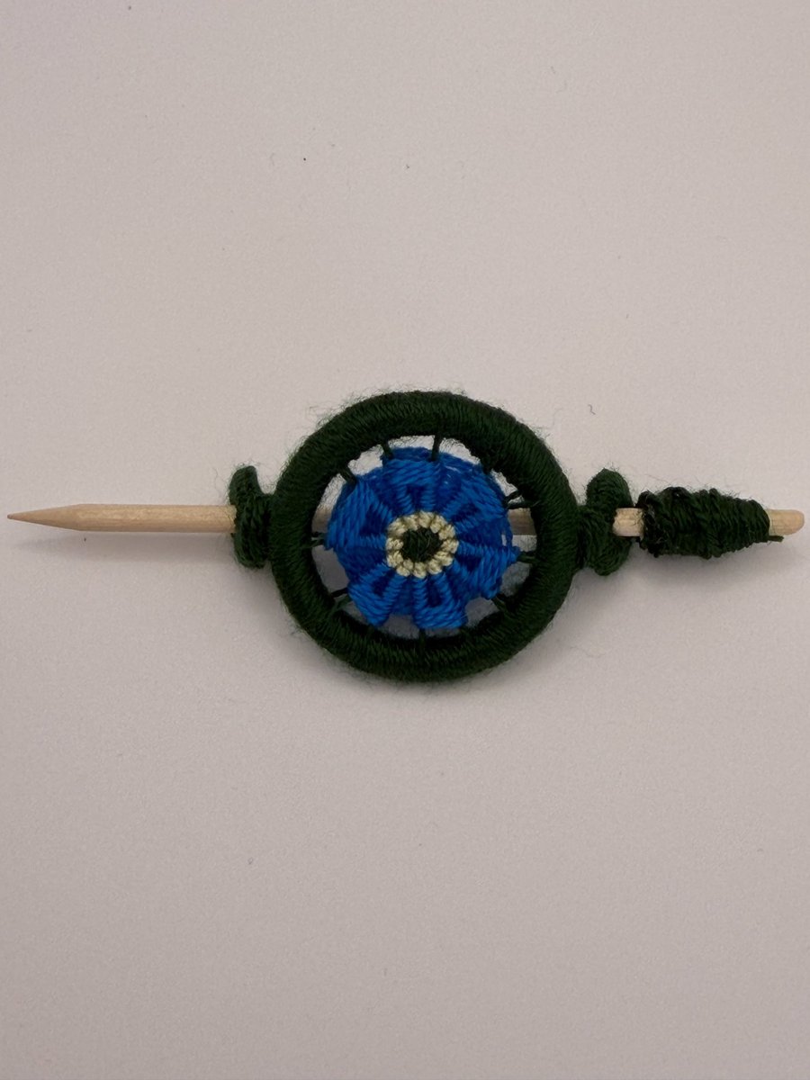 Handmade Forget-Me-Not Dorset Button Shawl Pin - Blue & Green Wooden Scarf Stick