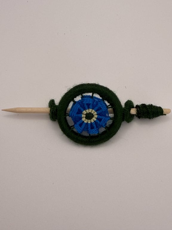 Handmade Forget-Me-Not Dorset Button Shawl Pin - Blue & Green Wooden Scarf Stick
