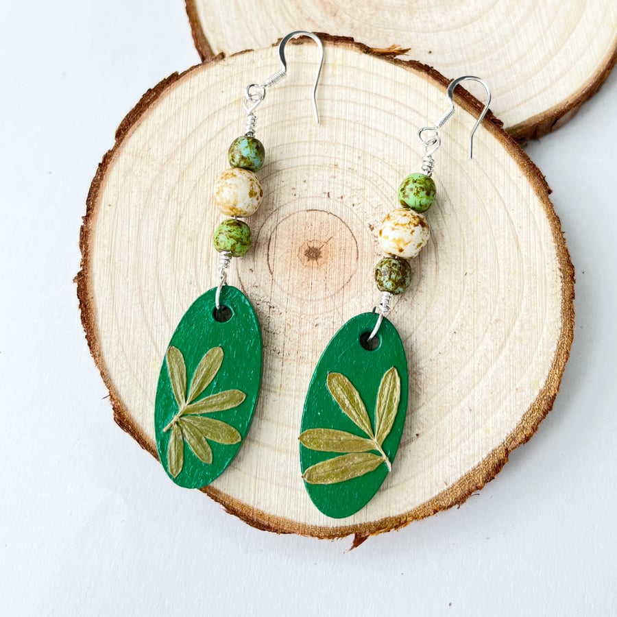 Real Pressed Leaf Dangle Wood and Bead Sliver Plated Earrings
