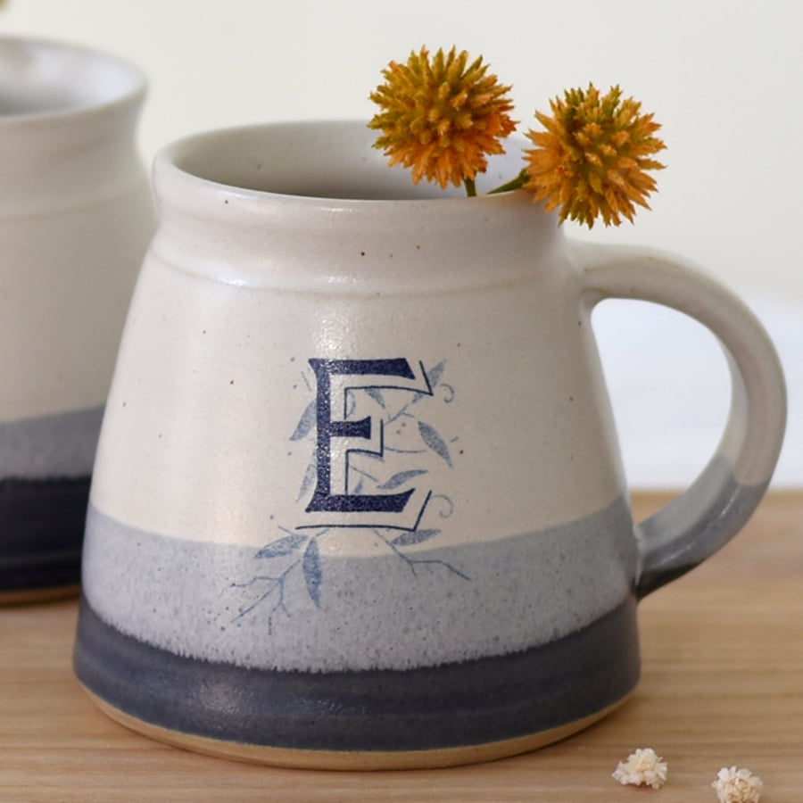 Blue and white ceramic alphabet monogram mug, handmade personalised pottery