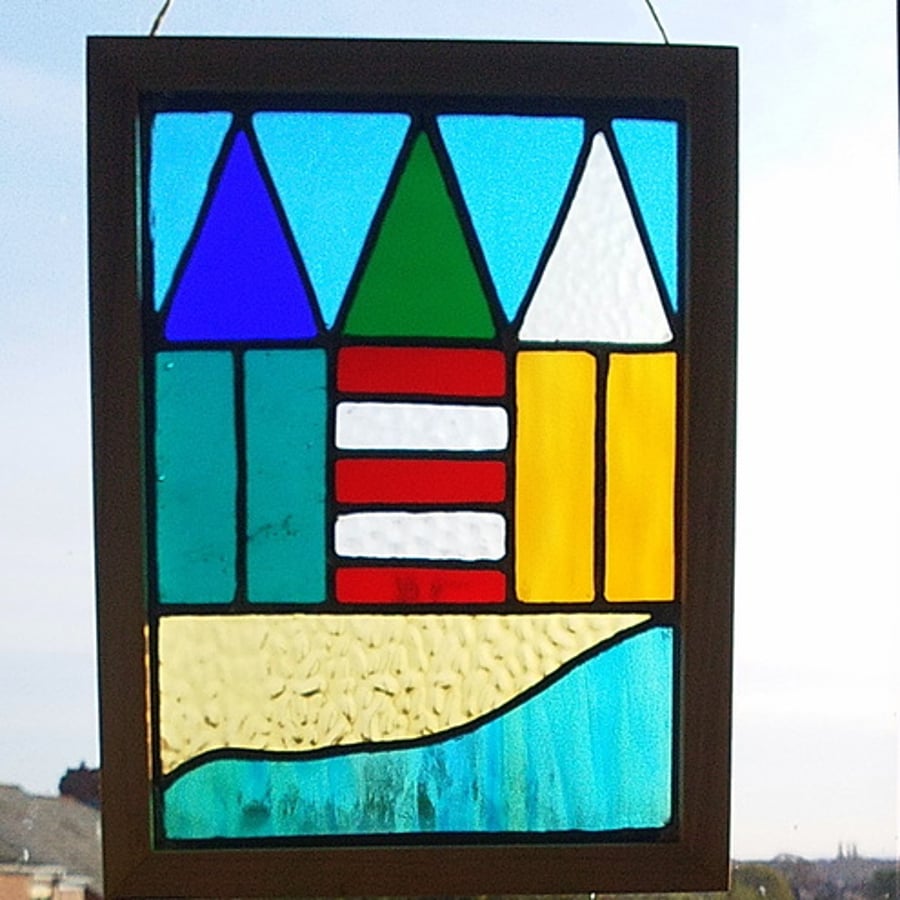Stained Glass Panel - Beach Huts by the Sea