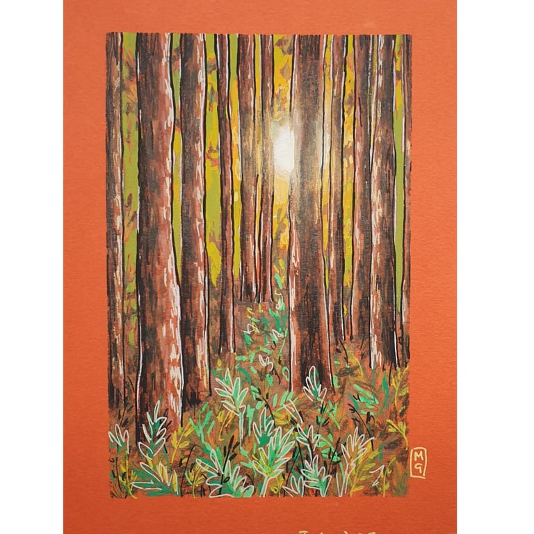 Lush forest small landscape artwork, mixed media landscape wall art