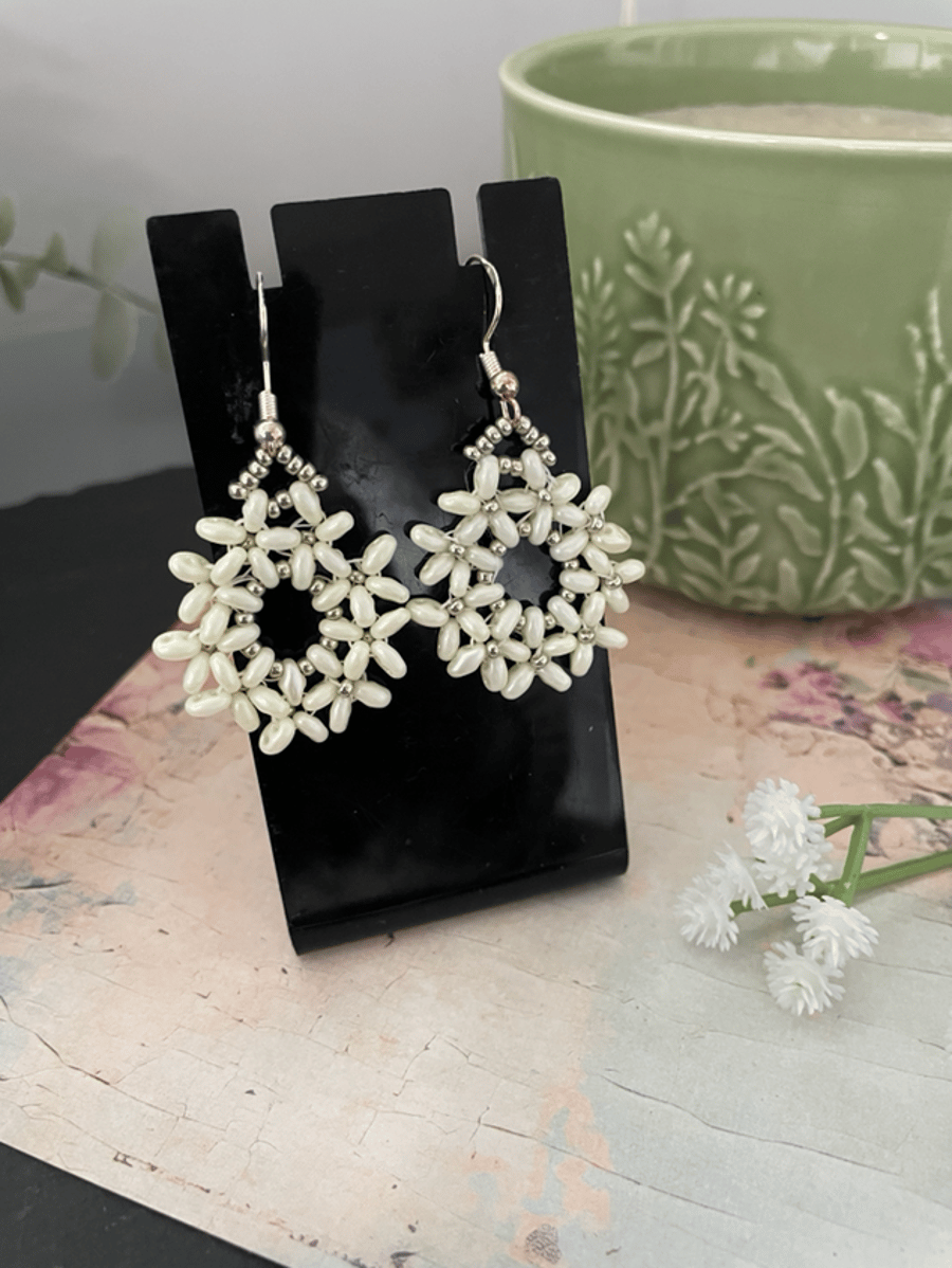 Daisy design hand crafted beaded hoop dangle earrings , statement jewelery