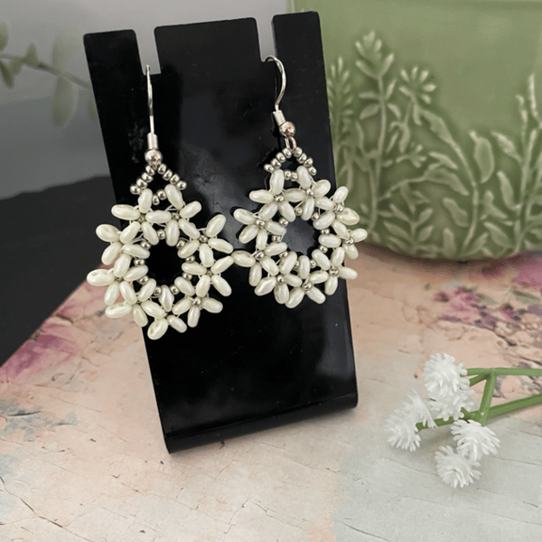 Daisy design hand crafted beaded hoop dangle earrings , statement jewelery