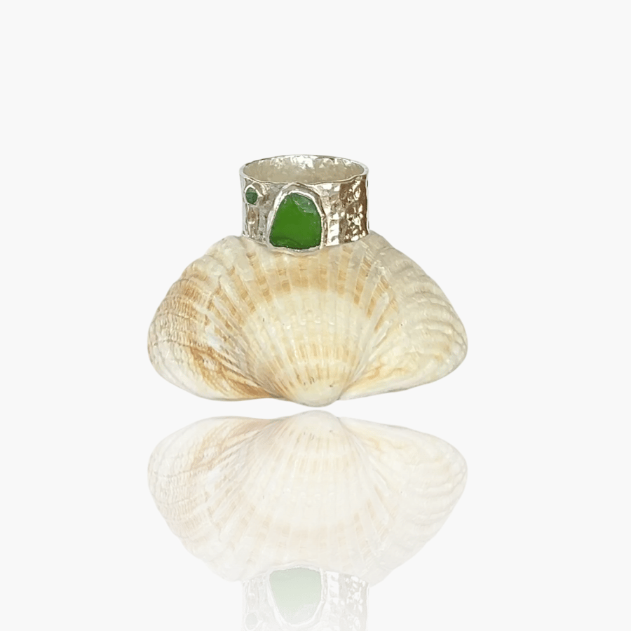 Silver Emerald And Sea Glass Ring