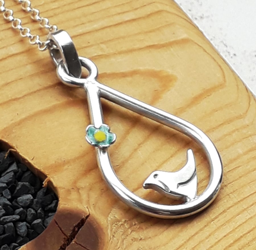Robin Bird necklace with enameled forget me not flower Hallmarked