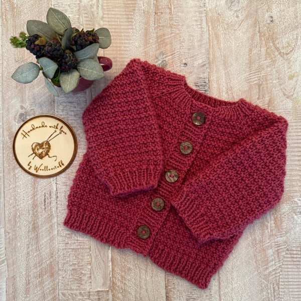 Made To Order Handknitted Skylar Aran Baby Cardigan 4 sizes. Any colour.