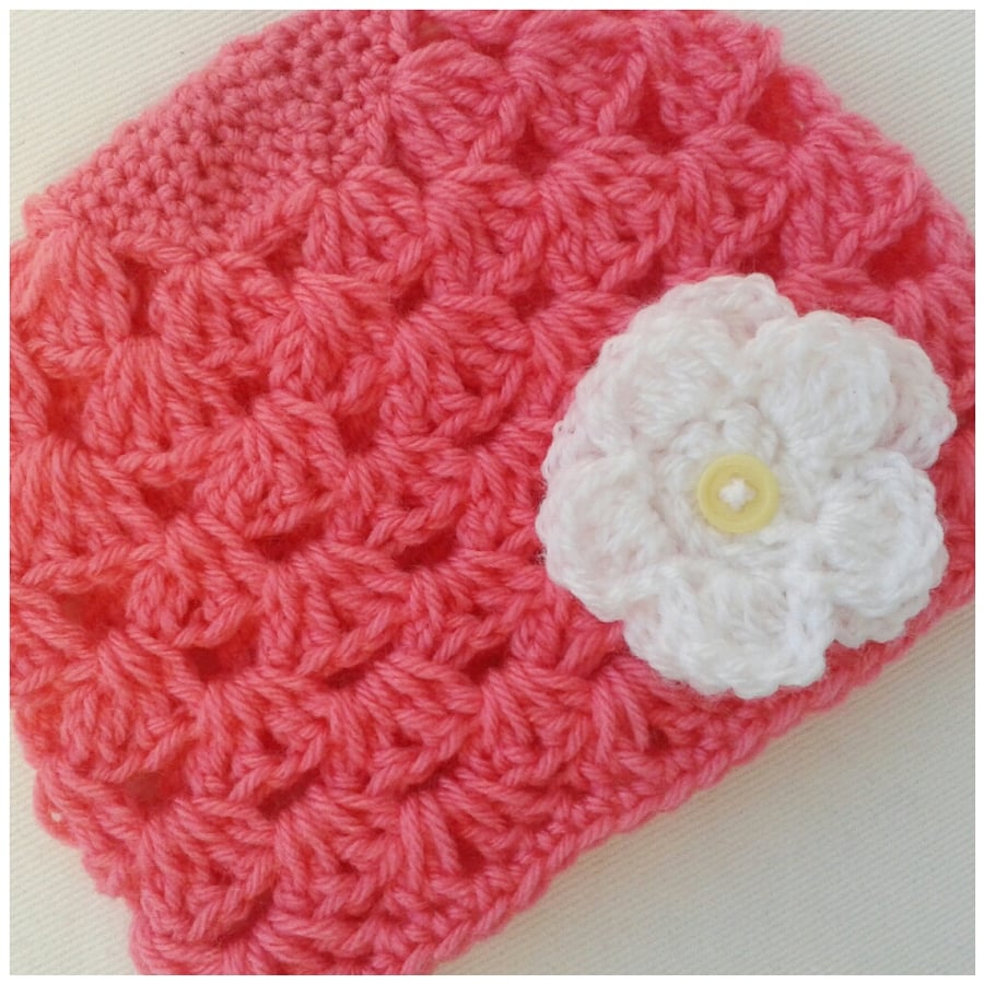 0-3 Months Rose Pink Baby Girl Summer Hat With Flower