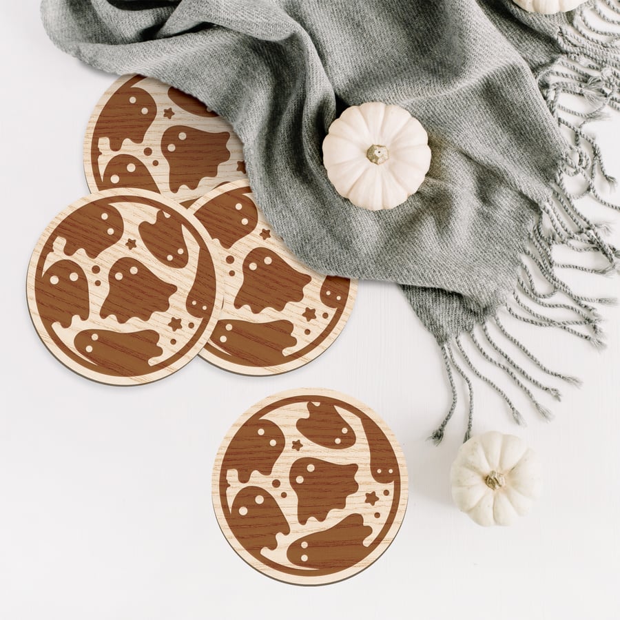 Ghost Pattern Coasters Set: Autumnal Coaster Set, Halloween Wooden Fall Decor