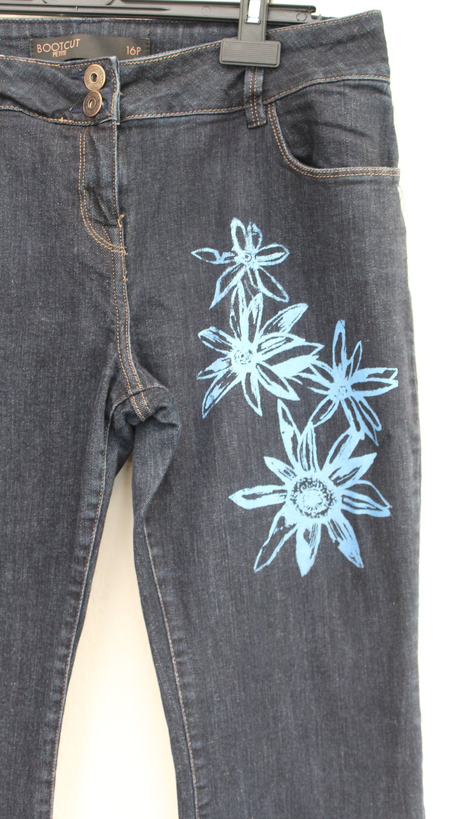  size 16,petite, Jeans, Eco reworked Next jeans,blue flower screen print unique