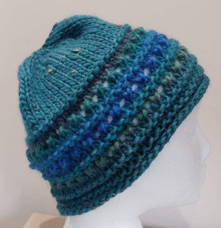 Handknit chunky wool hat col 3 Teal with Blues