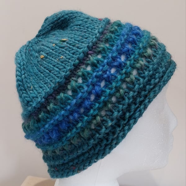 Handknit chunky wool hat col 3 Teal with Blues