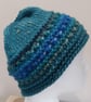 Handknit chunky wool hat col 3 Teal with Blues