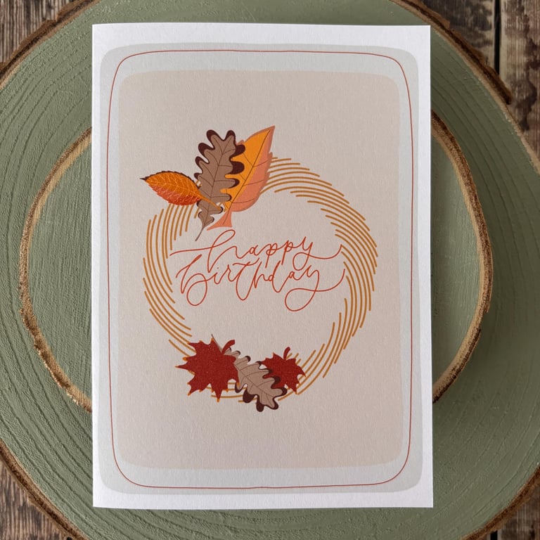 Autumnal Wreath Happy Birthday Card: Hand-Drawn Illustration