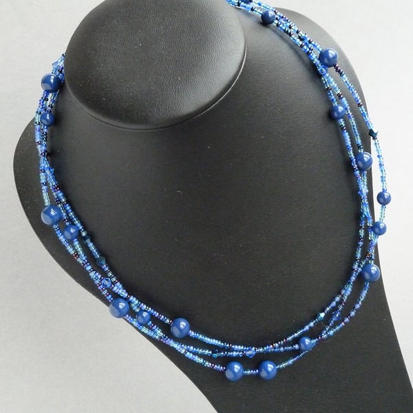 Royal Blue Multi Strand Beaded Necklace - Dark Cobalt Jewellery - Sapphire Pearl