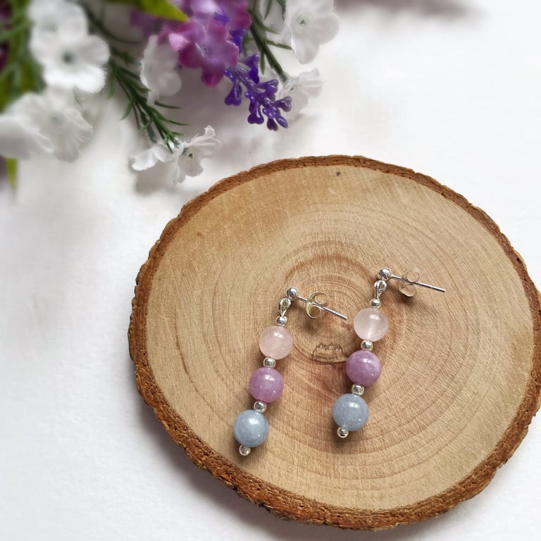 Rose Quartz, Amethyst and Aquamarine Beaded Stud Earrings