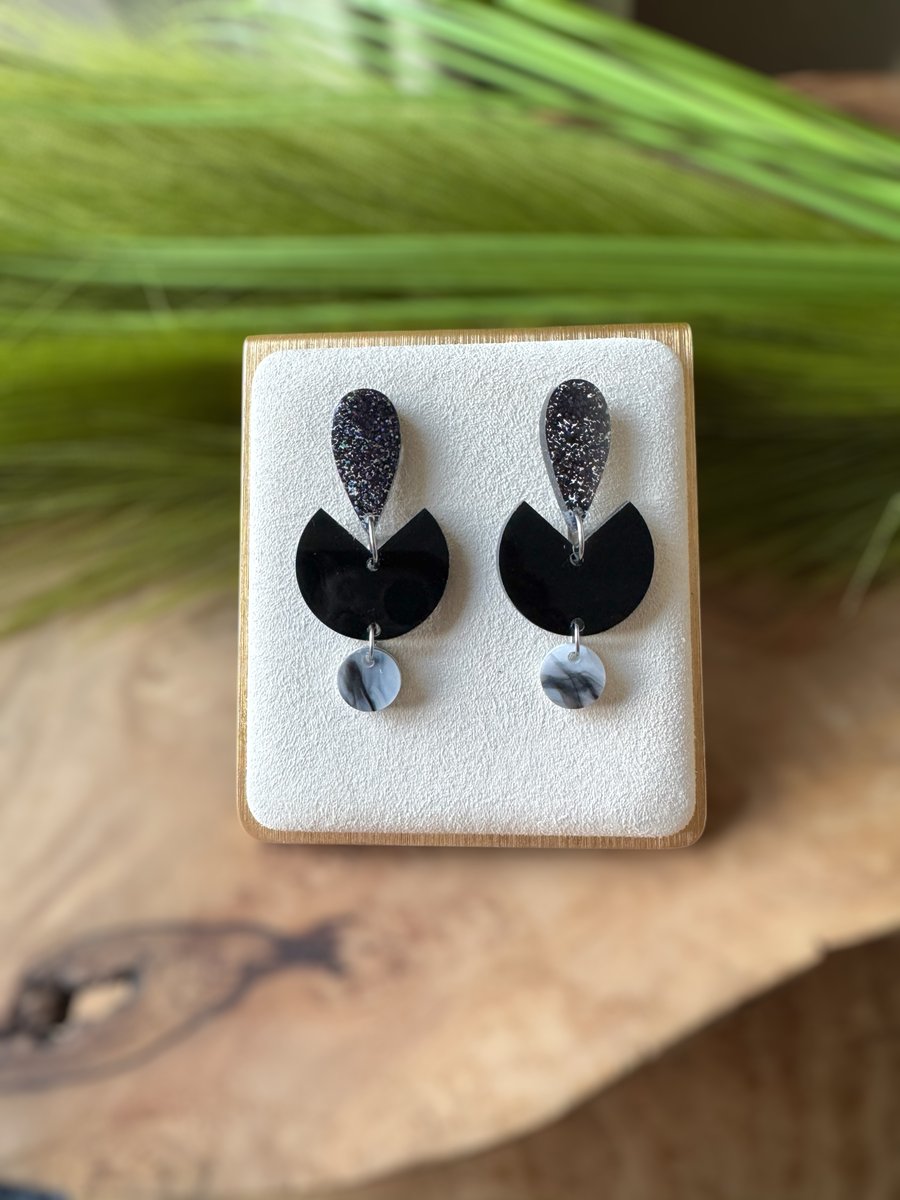 Black Marble and Glitter Acrylic Earrings