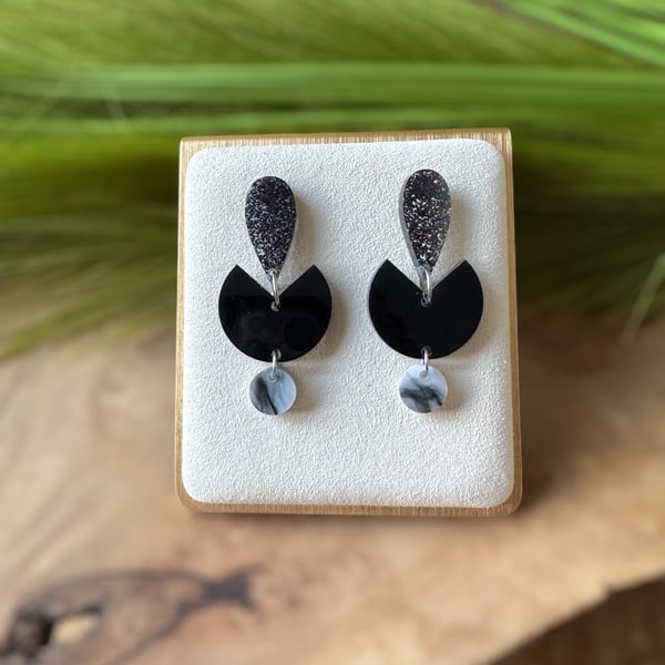 Black Marble and Glitter Acrylic Earrings