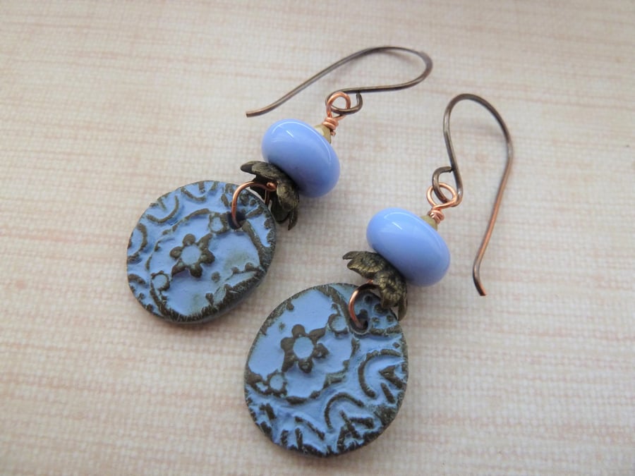 copper, blue lampwork and ceramic earrings