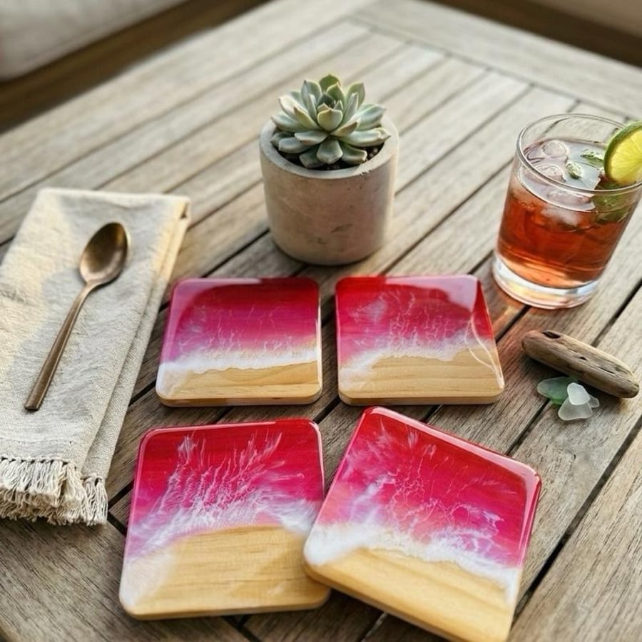 Handmade Resin Ocean Wave Coasters, Beach Wood Decor (Dad Gift)