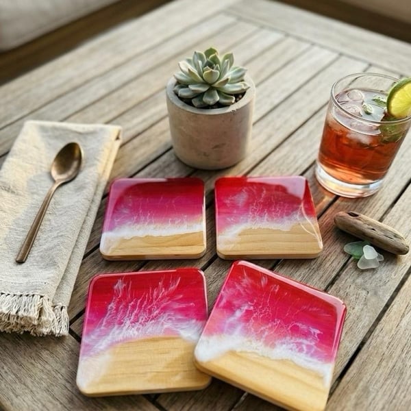 Handmade Resin Ocean Wave Coasters, Beach Wood Decor (Dad Gift)