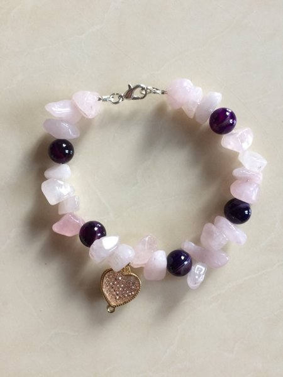 Amethyst and Rose Quartz Bracelet with Crystal Heart with Matching Earrings