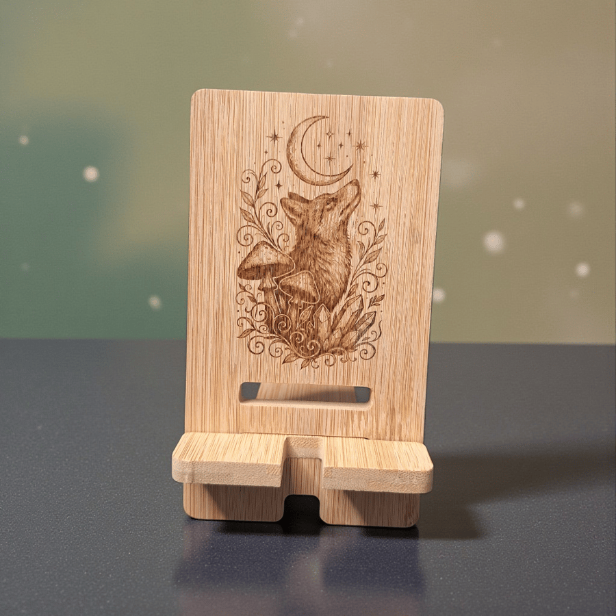 Moon Fox Bamboo Phone Stand – Engraved Fox Phone Holder – Mystical Woodland Desk
