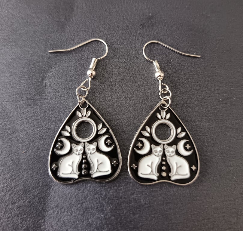 Black and white cat planchette charm dangle earrings 