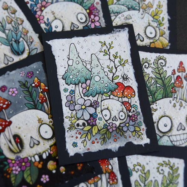 fungi skull - original aceo illustration