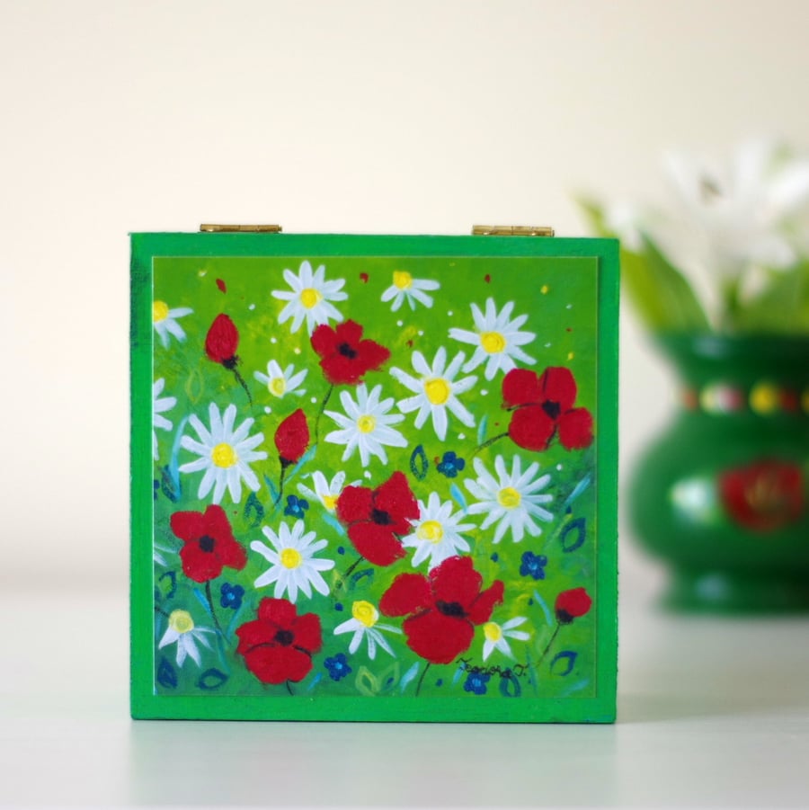 Green Jewellery Box, Poppy Print Storage Box, Art Decorative Box