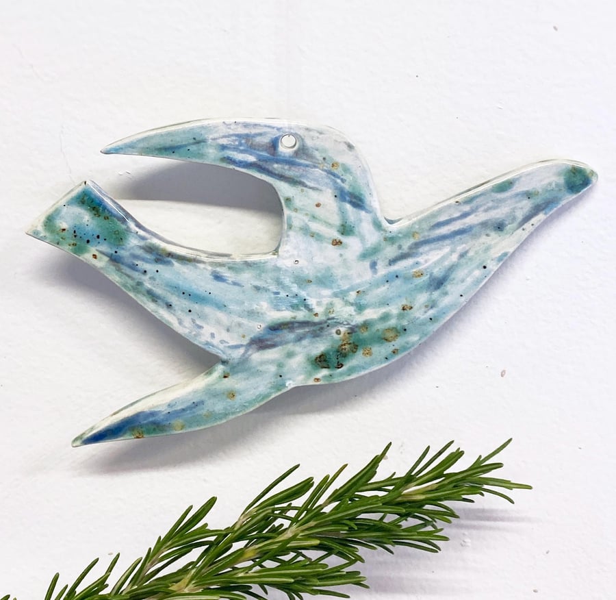 Hand crafted ceramic bird decoration- hand glazed, blue glazes 16cm
