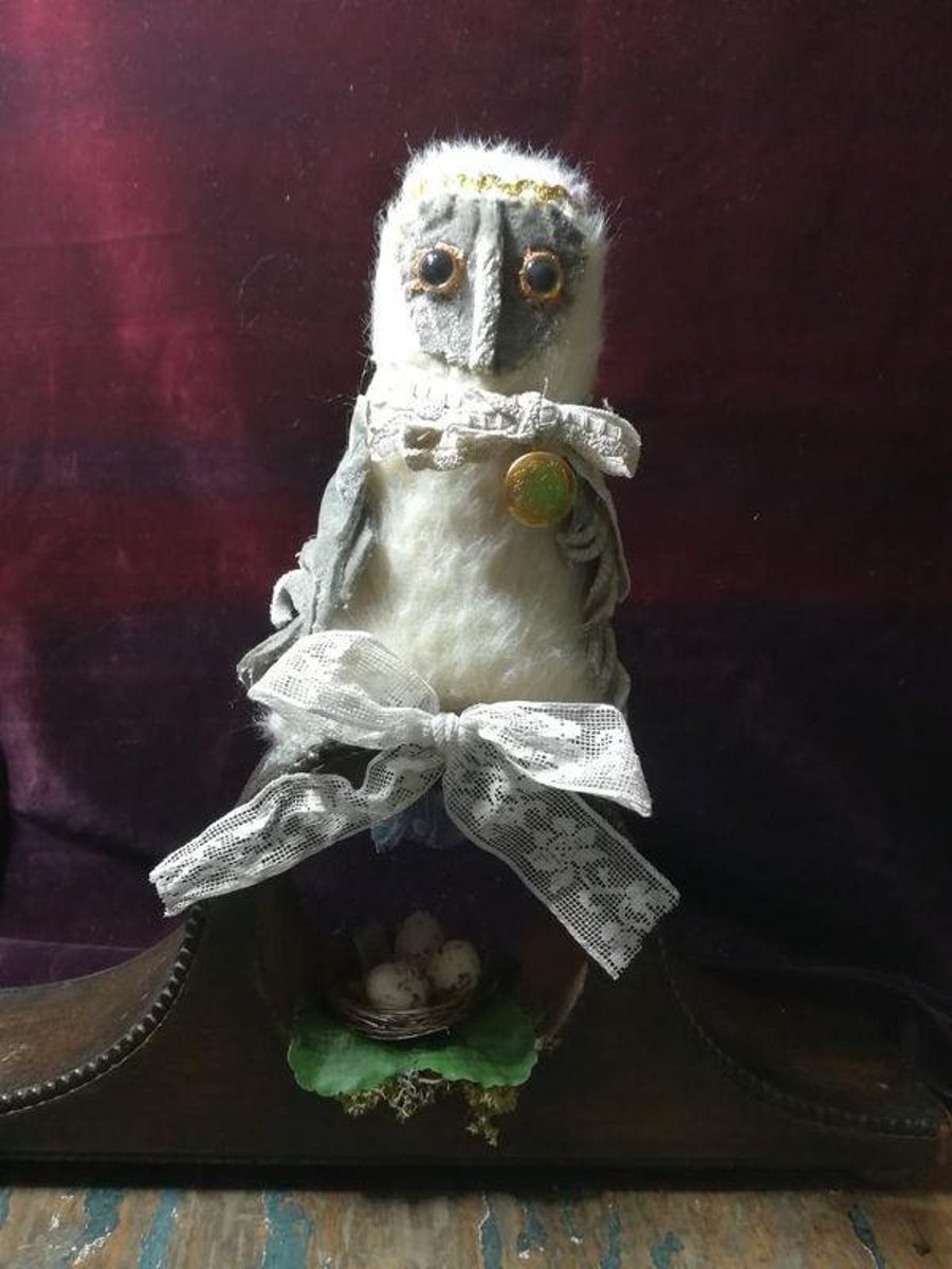 Textile art Owl sculptures, primitive art decor, folk art bird, animal gift