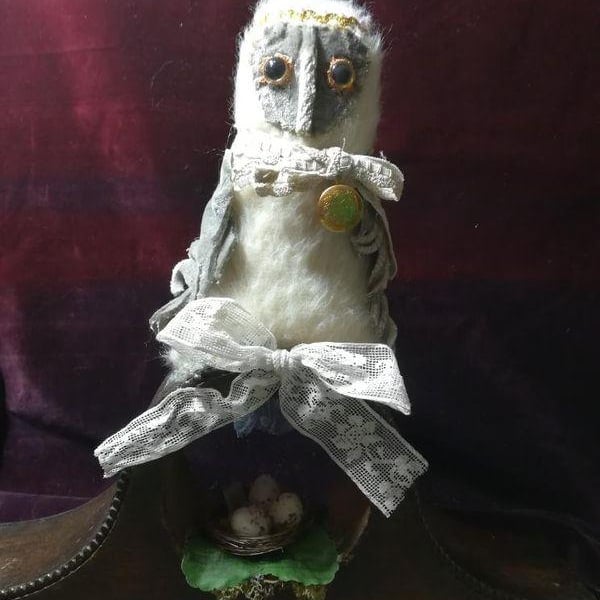 Textile art Owl sculptures, primitive art decor, folk art bird, animal gift