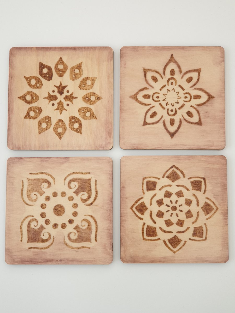 Wooden coasters pyrography decorated set of 4
