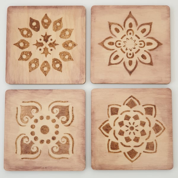 Wooden coasters pyrography decorated set of 4