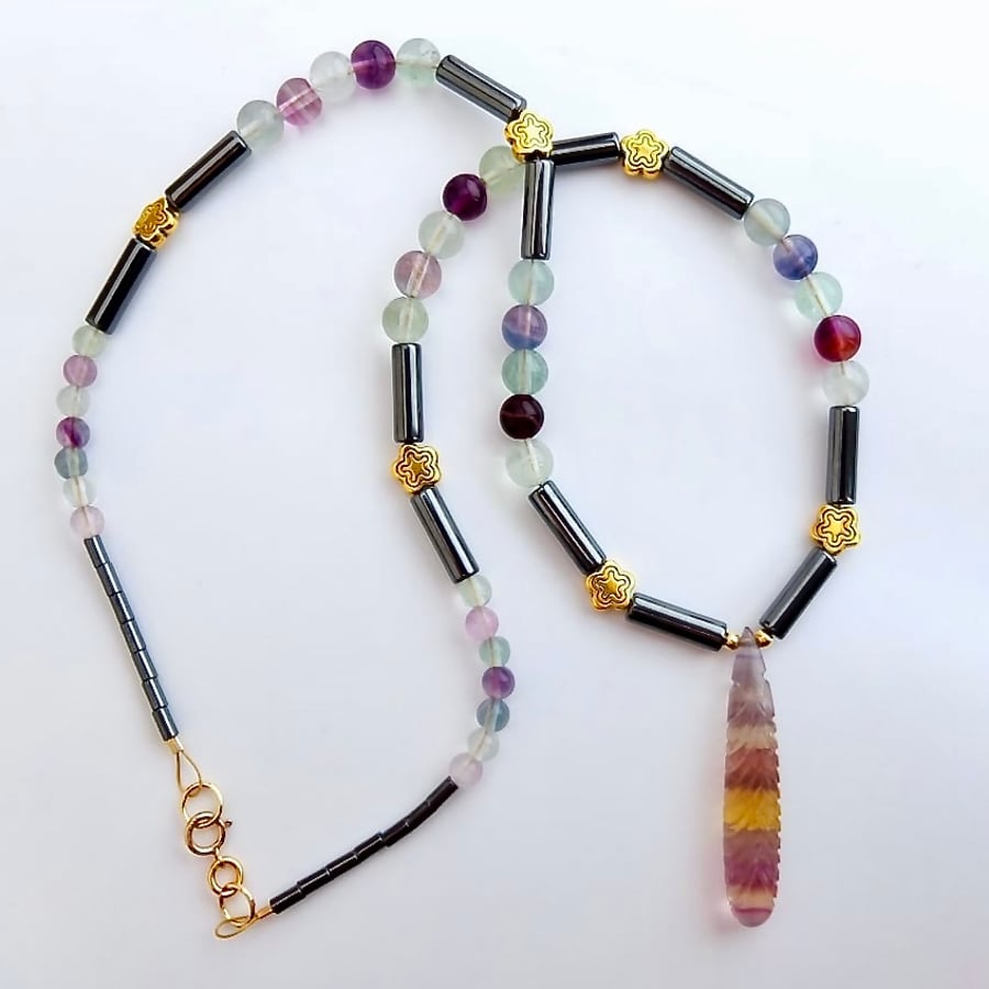 Carved Fluorite Pendant, Fluorite & Hematite Necklace Handmade UK Jewellery Gift
