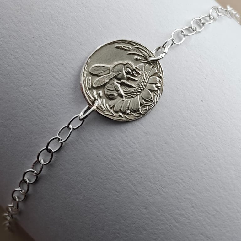 Bee Engraved Sterling Silver Coin Bracelet