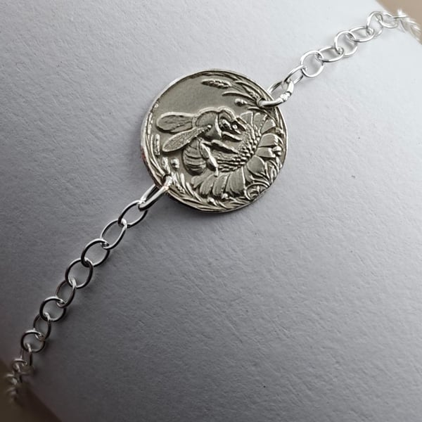 Bee Engraved Sterling Silver Coin Bracelet