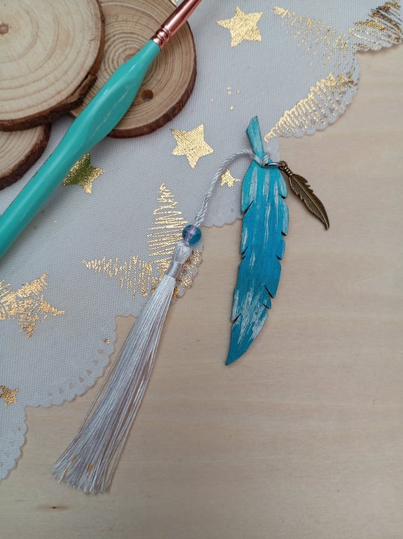 Blue wooden Feather bookmark