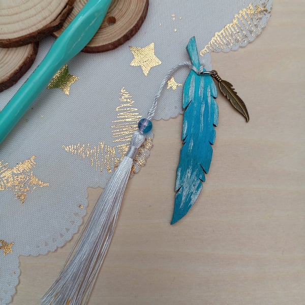 Blue wooden Feather bookmark
