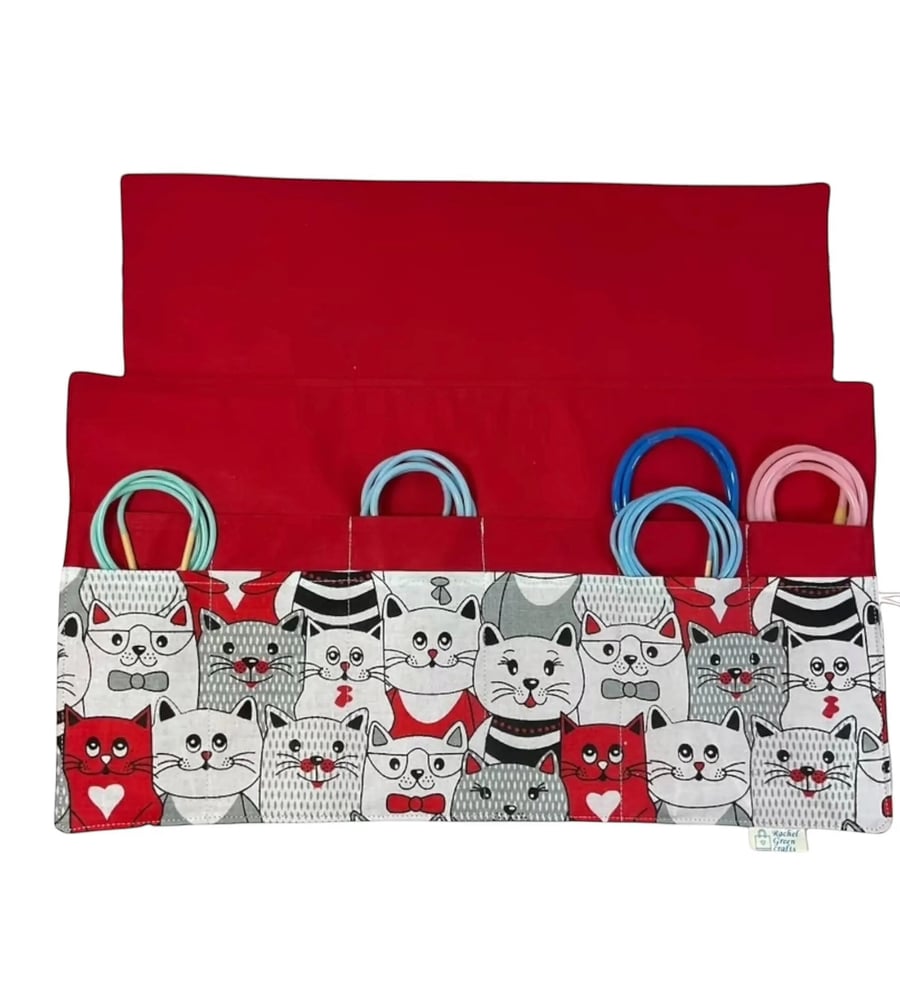 fixed Circular knitting needle case with cats, sock needles roll, needle wallet,