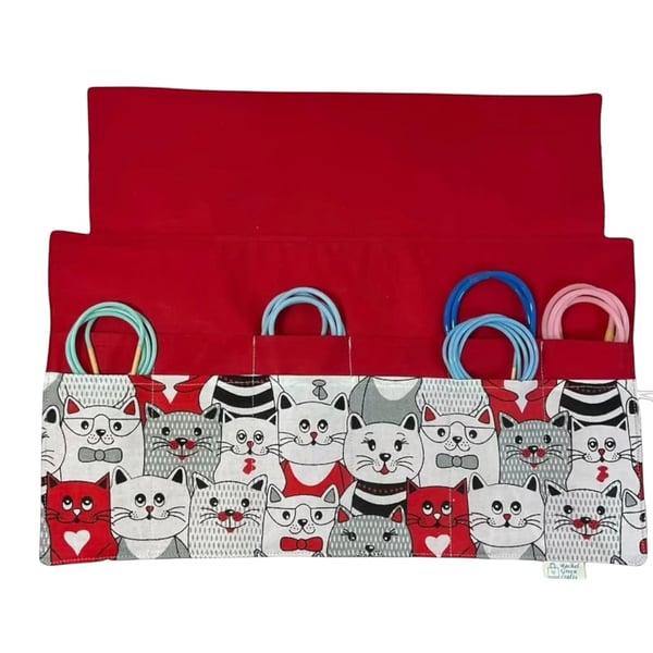 fixed Circular knitting needle case with cats, sock needles roll, needle wallet,