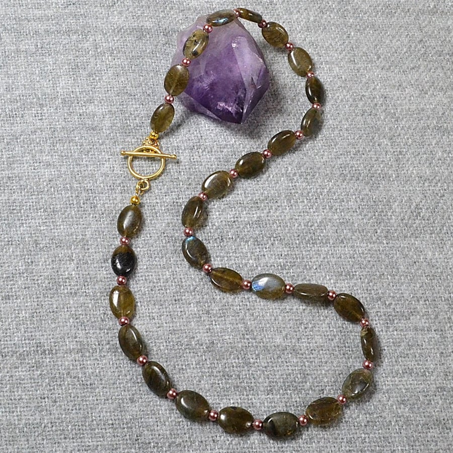 Labradorite Ovals Necklace, with Pale Pink Glass Pearls 