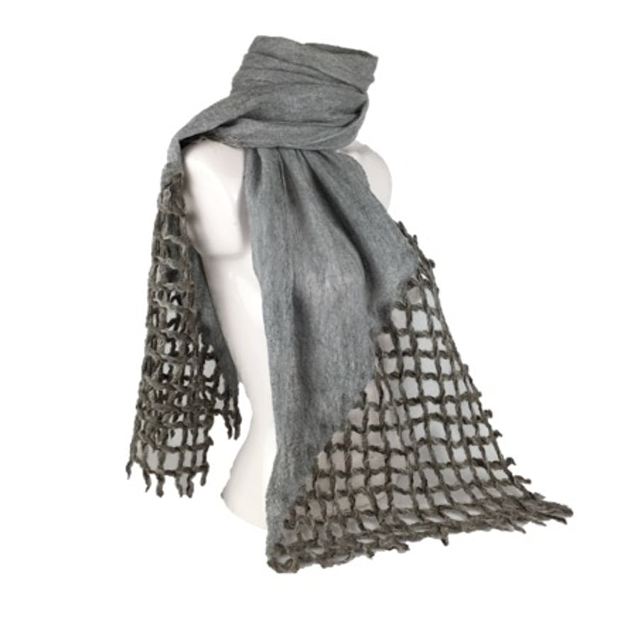 Long grey nuno felt and lattice scarf 