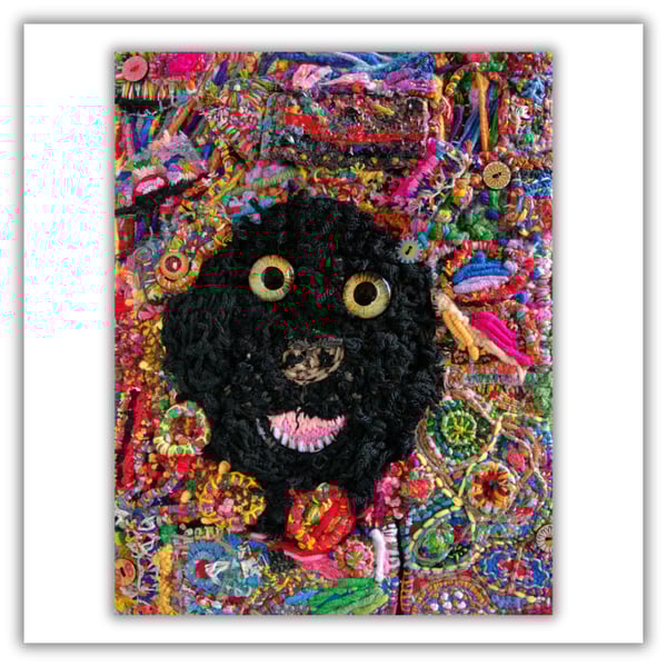 Black dog - original needlework - framed - by hand - textile art