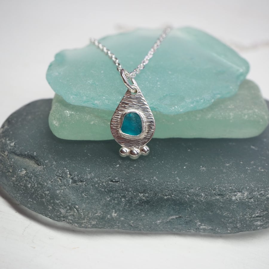Turquoise Sea Glass Necklace Pendant, hammered silver