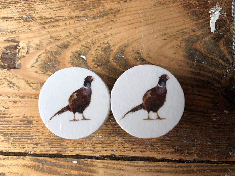 Handmade pheasant bird pine door knobs wardrobe drawer handles decoupaged